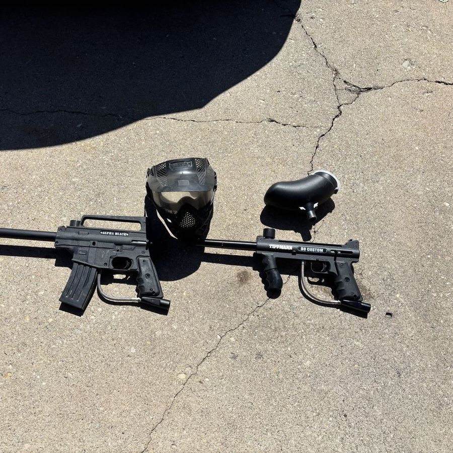 Two Tippman PaintBall Guns and 2 hoppers. 1 mask. Tipman 98 Custom and AlphaBlack