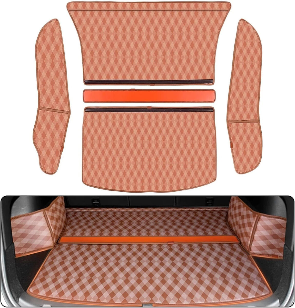 Cargo Liner Trunk Mats for Tesla Model Y 2019-2024, 5pcs All Weather Khaki Leather