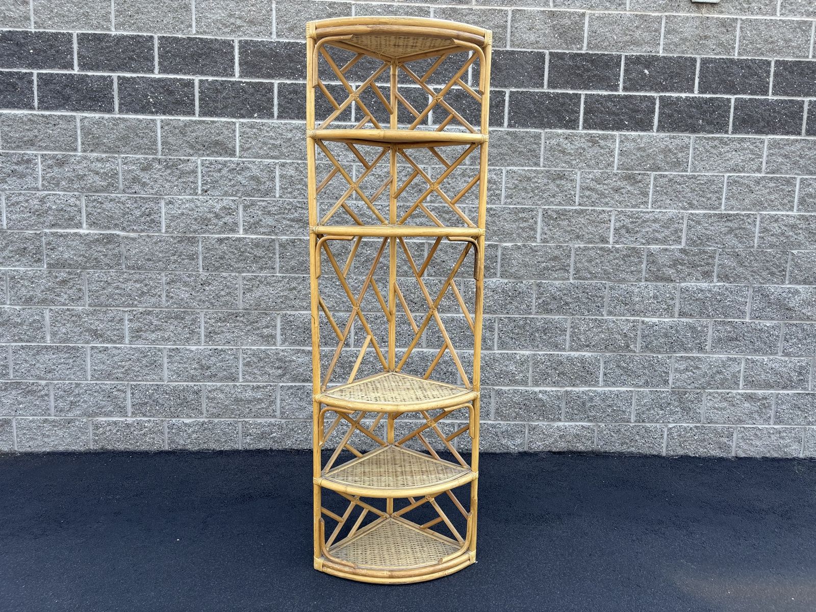 Vintage Five-Shelf Corner Unit, Rattan and Bamboo Mid Century Modern MCM vintage boho