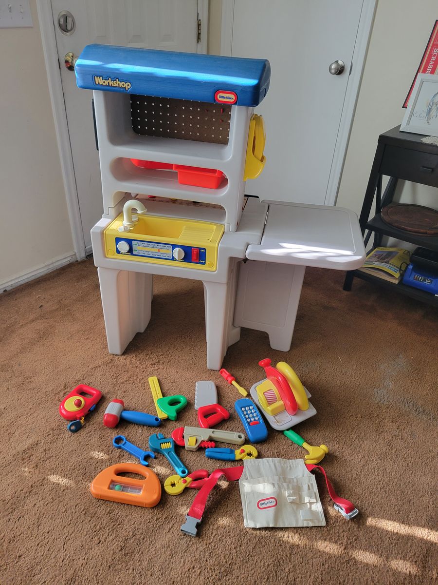 Vintage Little Tikes life-size tool workbench and tools