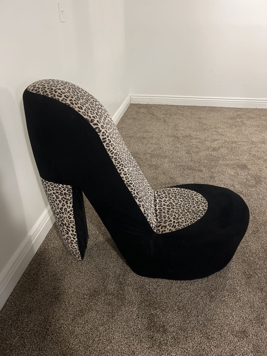 Unique High Heel Shoe Chair - Black Velvet & Leopard Print Accent Chair. Vintage