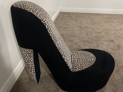 Unique High Heel Shoe Chair - Black Velvet & Leopard Print Accent Chair. Vintage