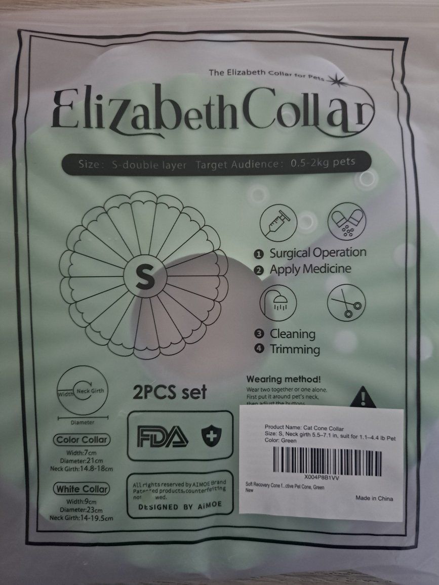 AIMOE Soft Cat Cone Elizabeth Collar Set - Size Small (2-Piece Set) Green