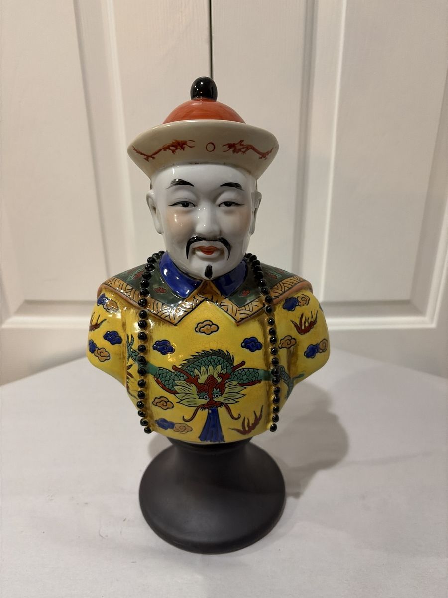 Vintage Hand-Painted Ceramic Bust of Qing Dynasty Official Figure