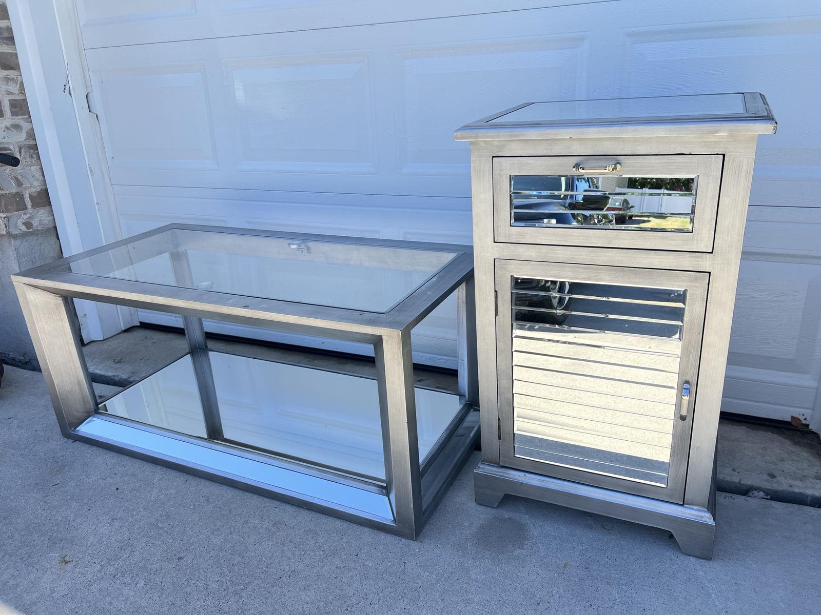 Mirrored Coffee Table and Nightstand Set, Glass Top, Silver Finish