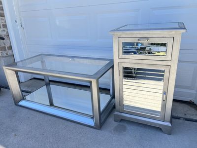 Mirrored Coffee Table and Nightstand Set, Glass Top, Silver Finish