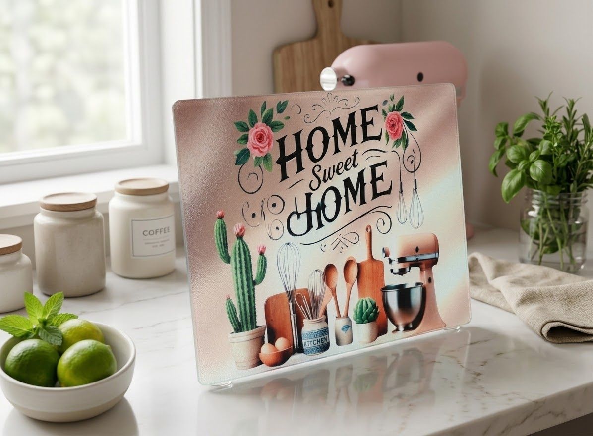 NEW -Home Sweet Home Decorative Glass Cutting Board with Kitchen & Cactus Design