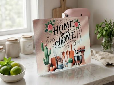 NEW -Home Sweet Home Decorative Glass Cutting Board with Kitchen & Cactus Design