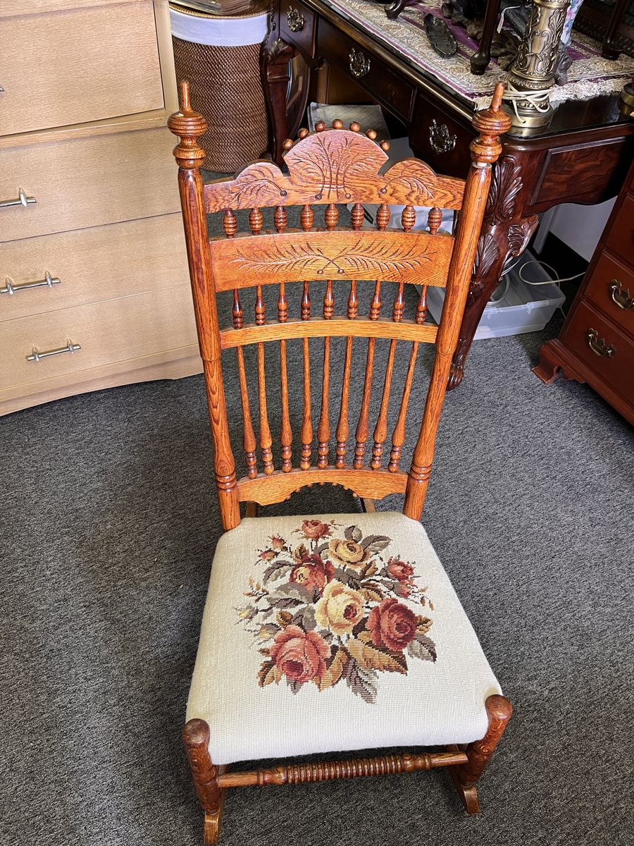 Rocker Rocking Chair Oak Embroidered Seat Vintage 
