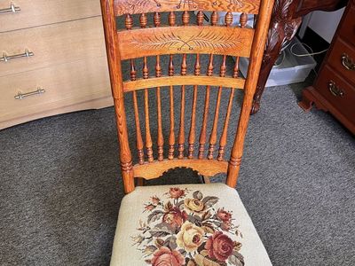 Rocker Rocking Chair Oak Embroidered Seat Vintage