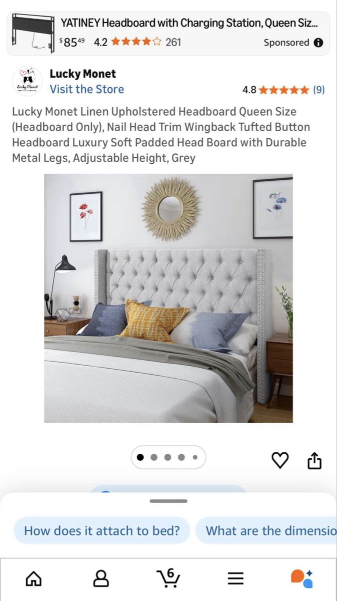 Lucky Monet Linen Upholstered Queen Headboard Grey Tufted Wingback