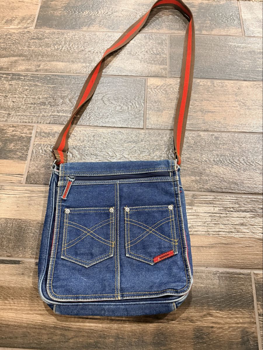Xhilaration Denim Crossbody Messenger Bag Blue Jean Red Lining