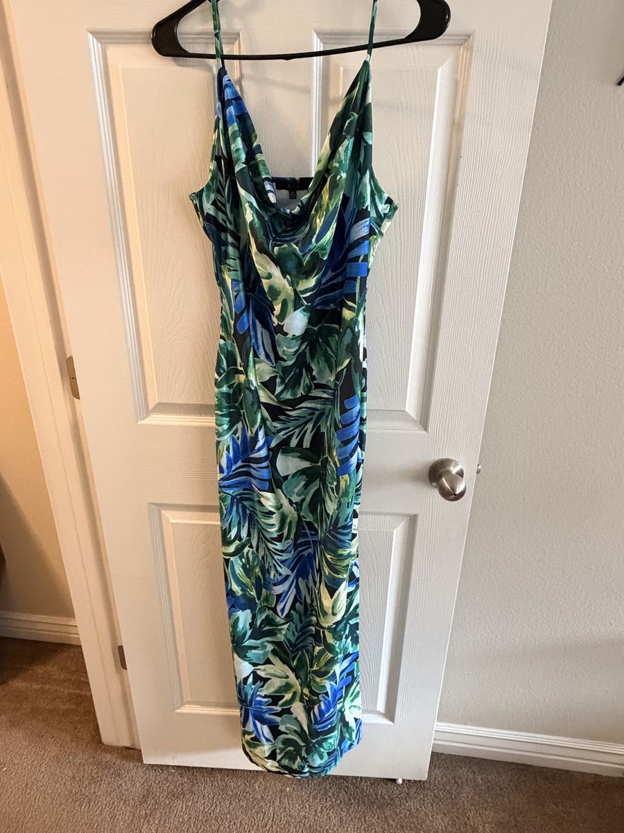 RIS Tropical Palm Print Slip Maxi Dress - Cowl Neck Cami Dress Size XL