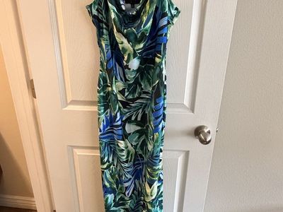 RIS Tropical Palm Print Slip Maxi Dress - Cowl Neck Cami Dress Size XL