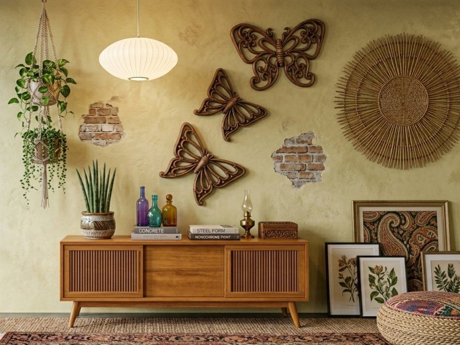 Vintage HOMCO [Dk Stain/Walnut] Butterfly Wall Decor Set (3 Pieces) – Retro Faux Rattan Style MCM cottagecore