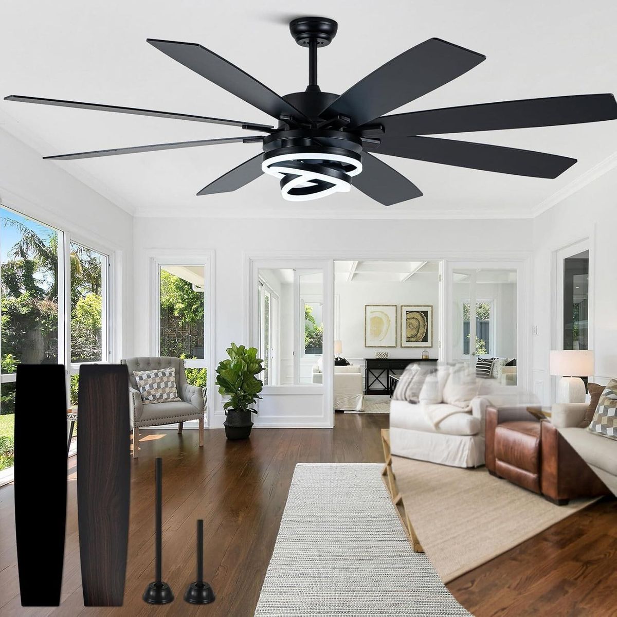 Large Black Ceiling Fan with Lights and Remote, 72 Inch Indoor/Outdoor Modern, Dimmable, 6 Speed Reversible DC Motor