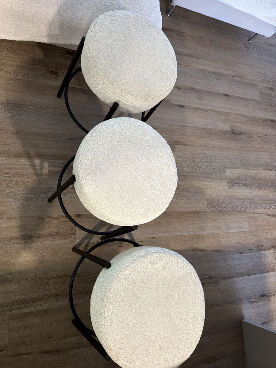 Set of 3 Modern Counter Stools with White Sherpa Upholstery and Black Metal Legs
