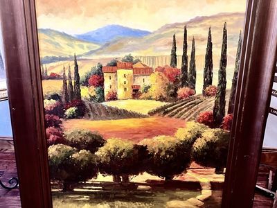Large Framed Italian Tuscan Landscape Oil Painting - Villa Vineyard Cypress Trees Art