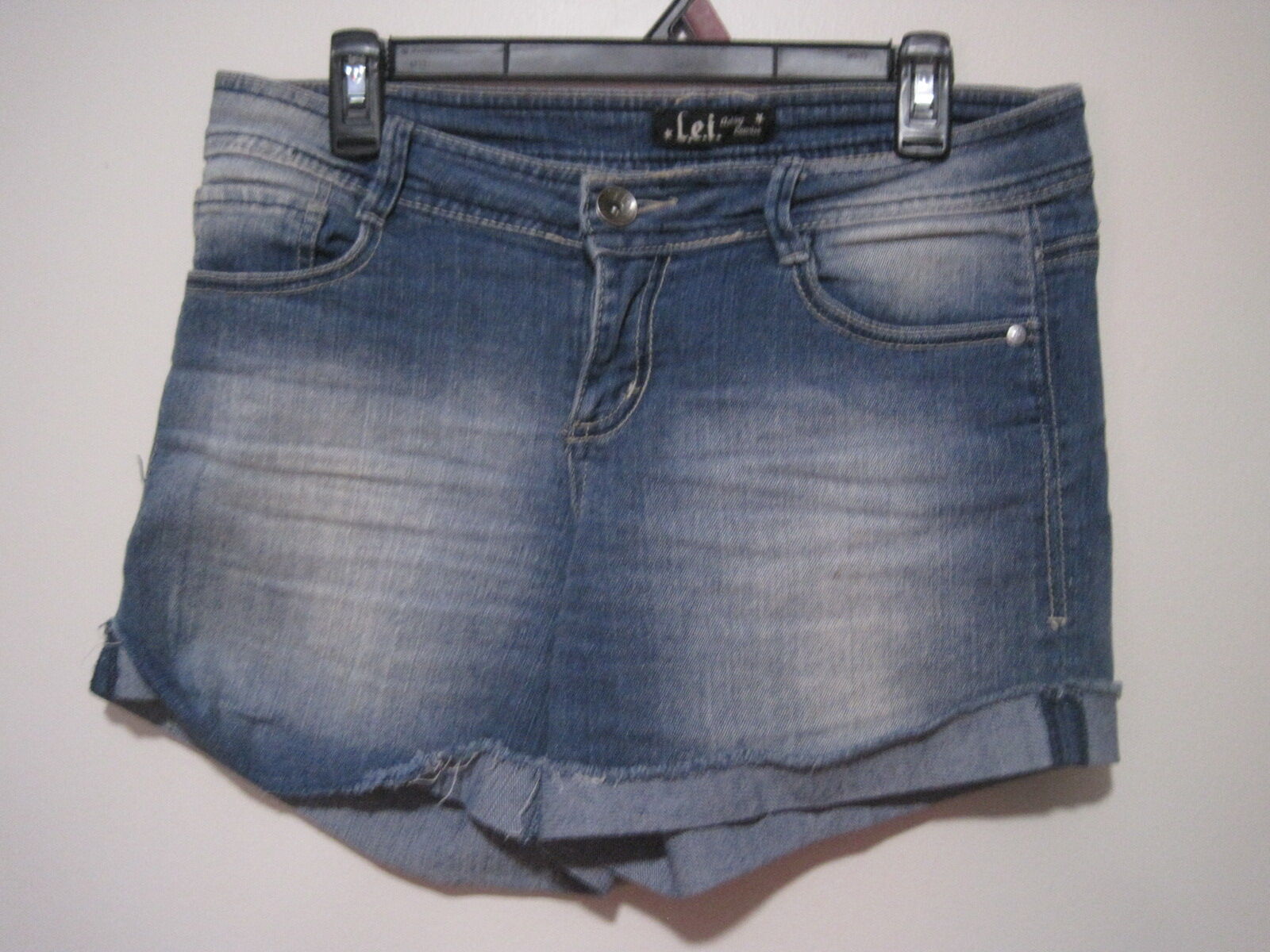 L.E.I Denim Mini Hot Shorts Blue Jean Distressed Womens Size 9 Junior Rolled Hem