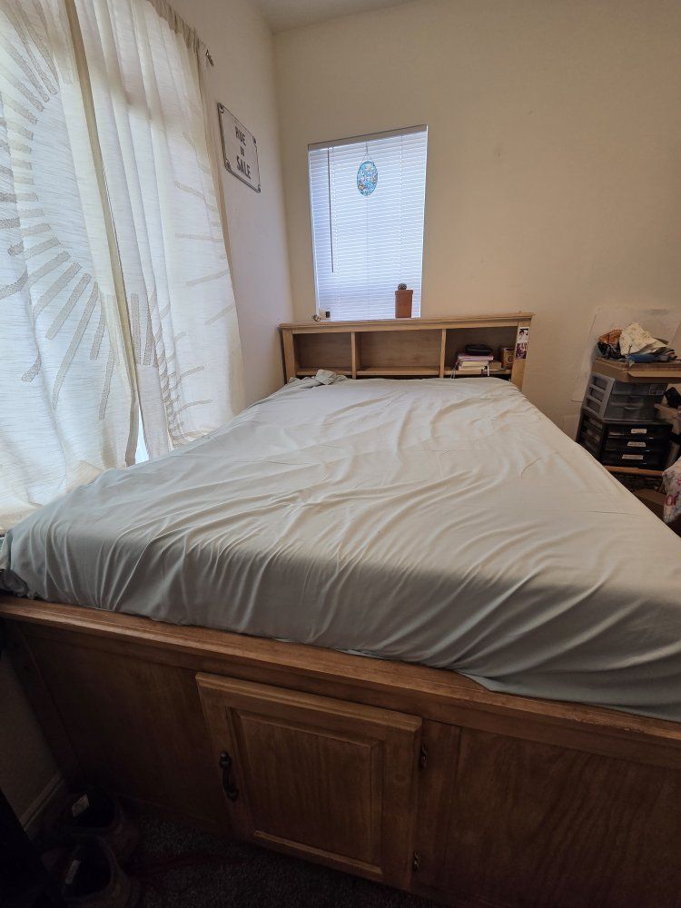 Queen Size Wooden Storage Bed Frame with Bookshelf Headboard - Used, Good Condition