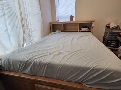 Queen Size Wooden Storage Bed Frame with Bookshelf Headboard - Used, Good Condition