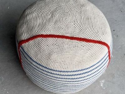 Handmade Crocheted Floor Pillow Ottoman Pouf - Red & Blue Striped from Crate & Barrel Kids