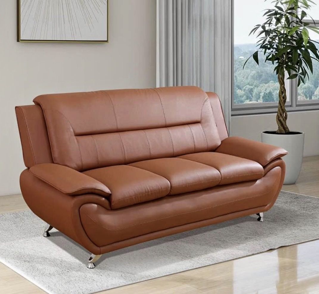 Modern Cognac Brown Faux Leather Sofa with Chrome Legs (79" W) 3 seater