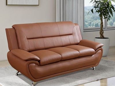 Modern Cognac Brown Faux Leather Sofa with Chrome Legs (79" W) 3 seater