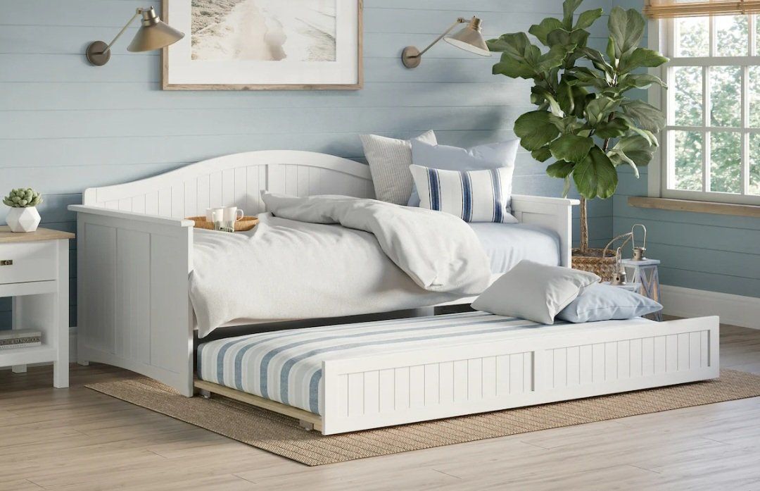 White Wooden Twin Daybed Frame with Mattress and box springs