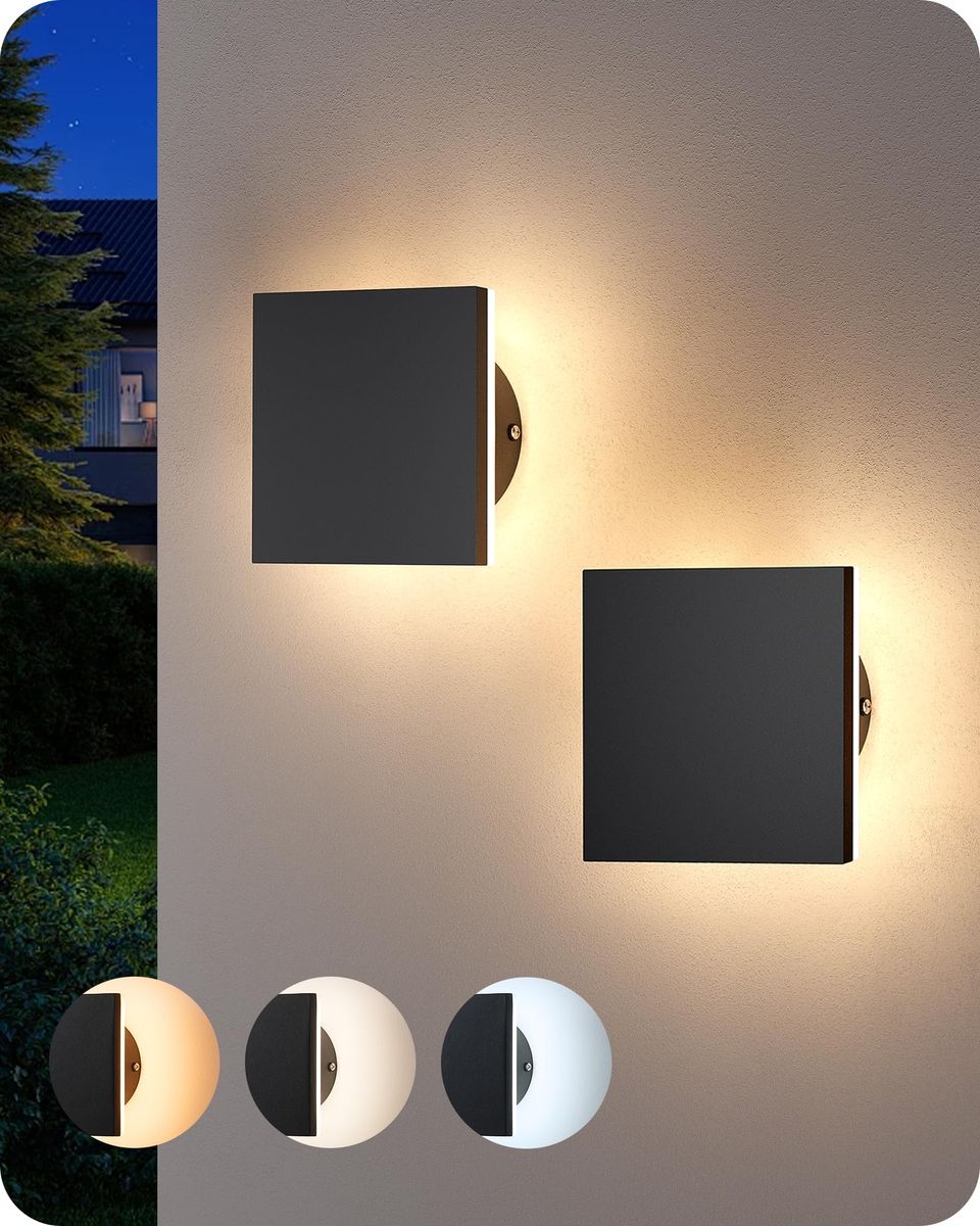Modern Square LED Outdoor Wall Sconce Set of 2 Black Finish 5.9 Inch