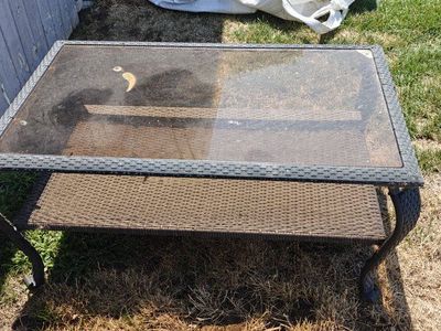 Outdoor Wicker Patio Coffee Table with Glass Top and Lower Shelf