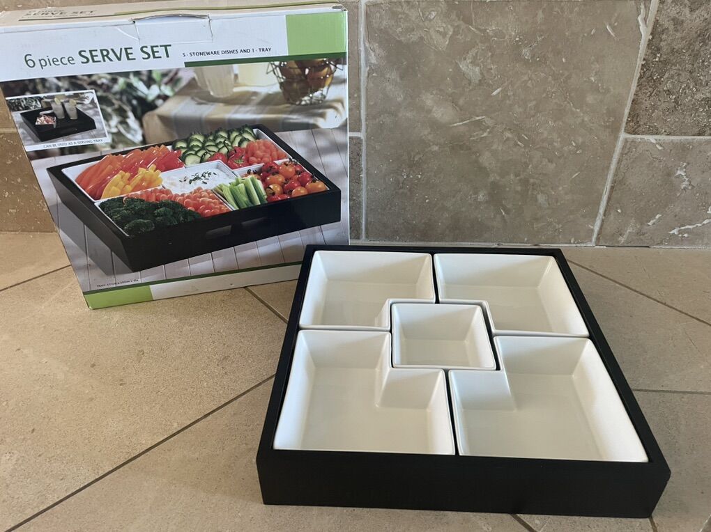 5 Stoneware Bowls On Black Wood Tray