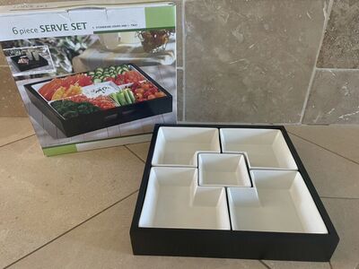 5 Stoneware Bowls On Black Wood Tray