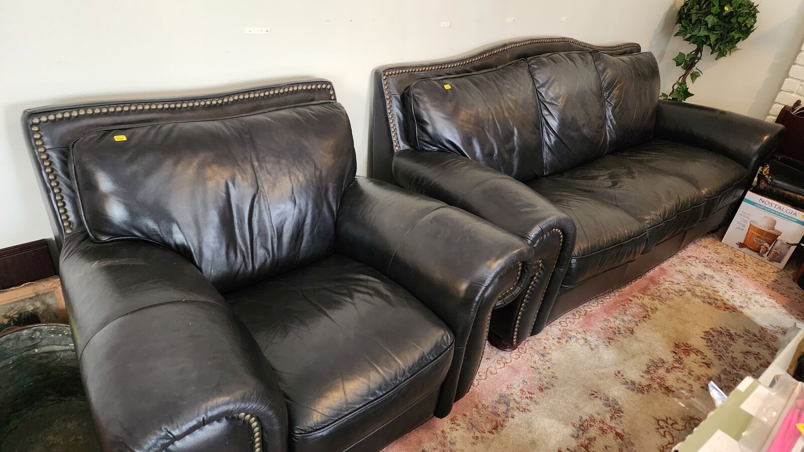Leather Sofa & Chair Set – Black with Nailhead Trim – Estate Sale