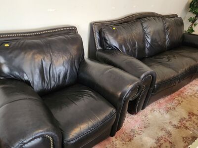 Leather Sofa & Chair Set – Black with Nailhead Trim – Estate Sale