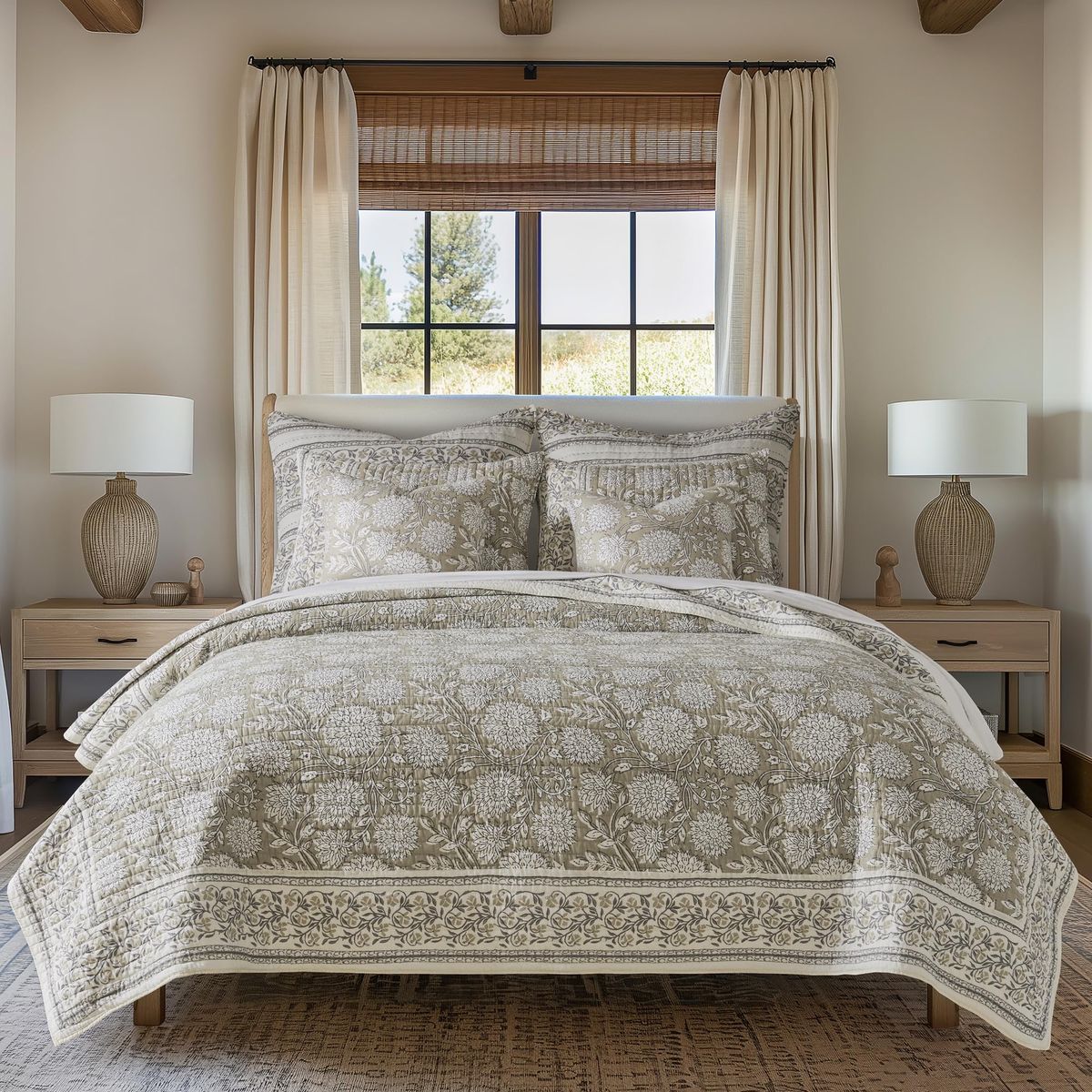 Levtex Home Adare Taupe Reversible King/Cal King Quilt Set (106x92in) and 2 Pillow Shams (36x20in) - Floral Bedding - Taupe Whit