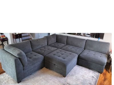 Grey Fabric Sectional Sofa With Storage Ottoman