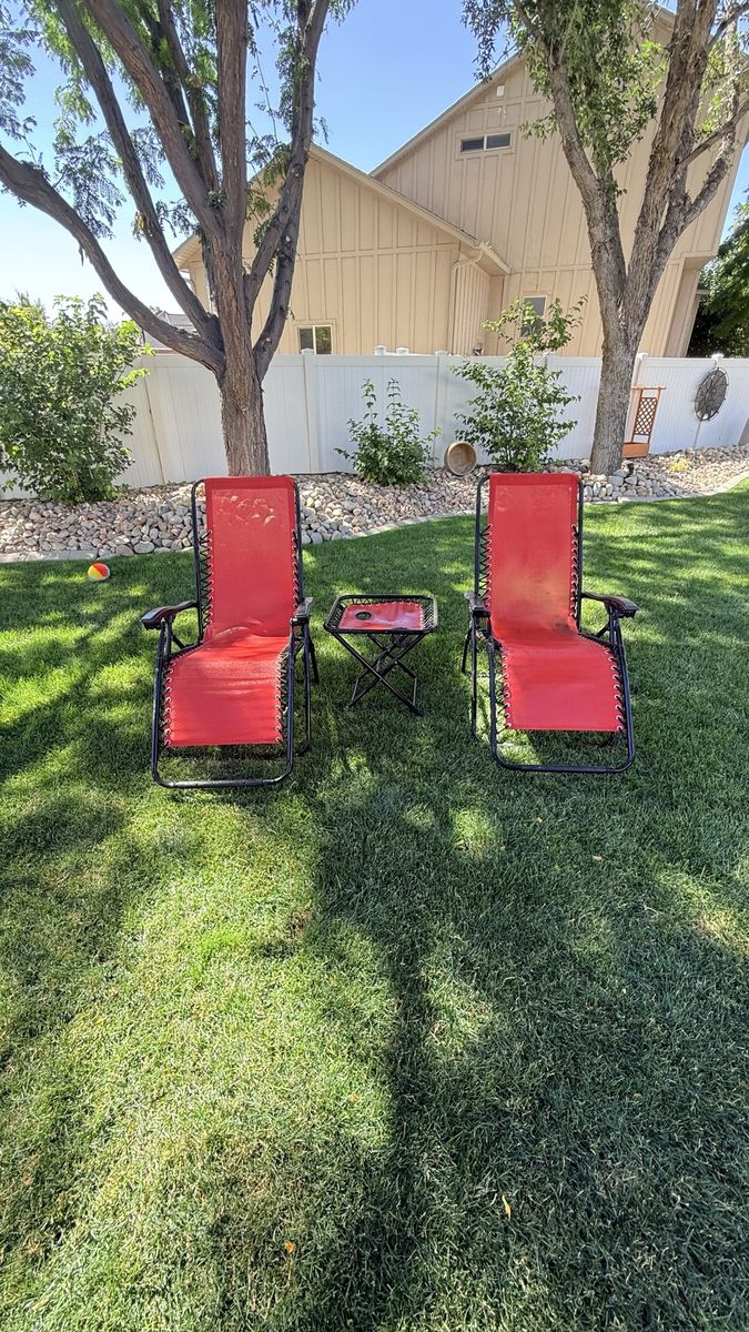 Red Zero Gravity Patio Chairs (2) with Side Table - Outdoor Recliner Set