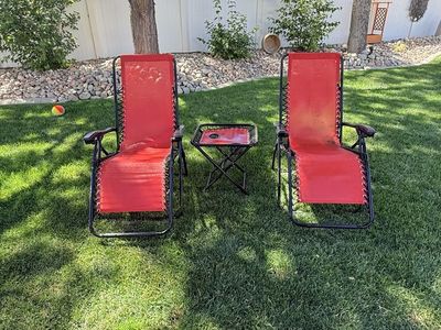 Red Zero Gravity Patio Chairs (2) with Side Table - Outdoor Recliner Set