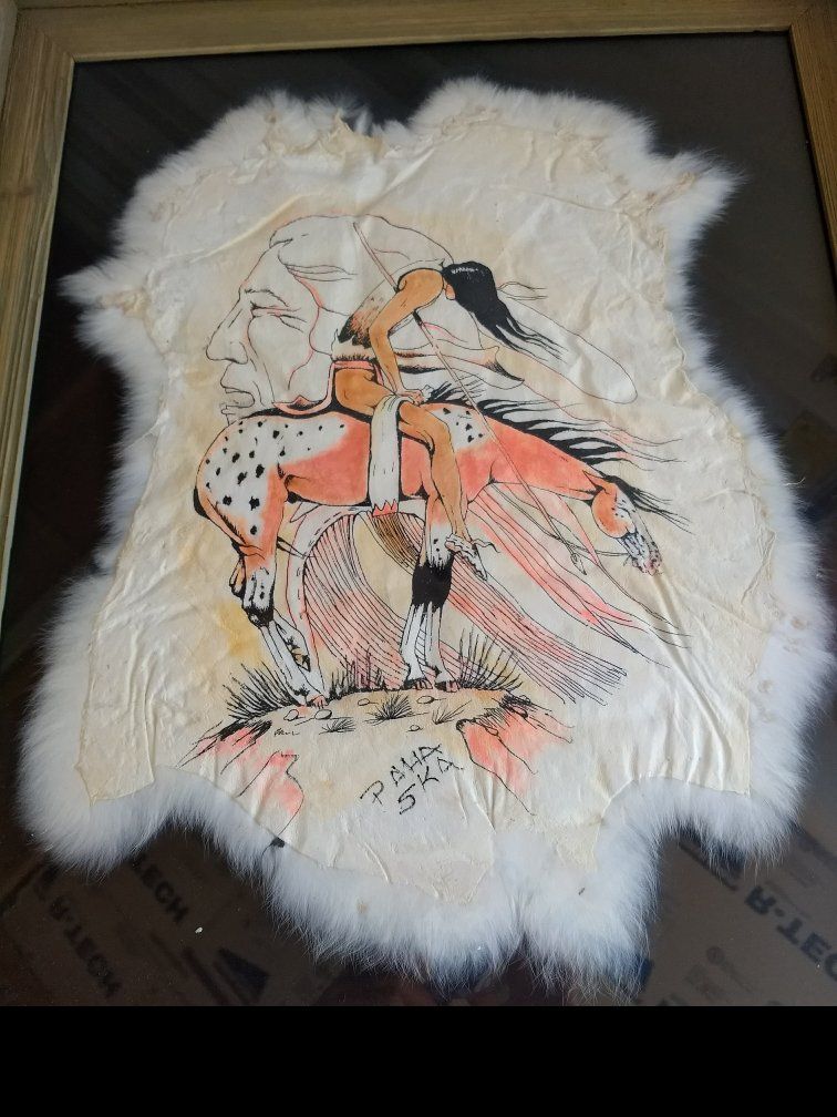 Paha Ska Native American Inspired Art on Fur Pelt Framed