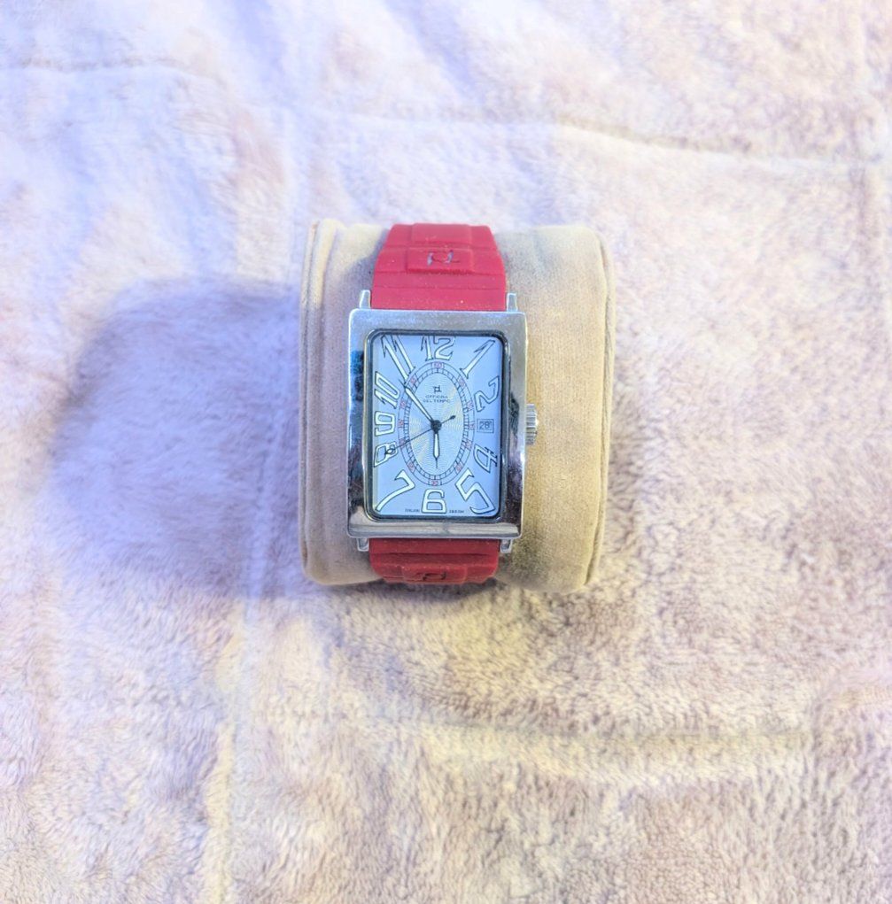 Officina Del Tempo Rectangular Dial Stainless Steel Watch with Red Rubber Strap