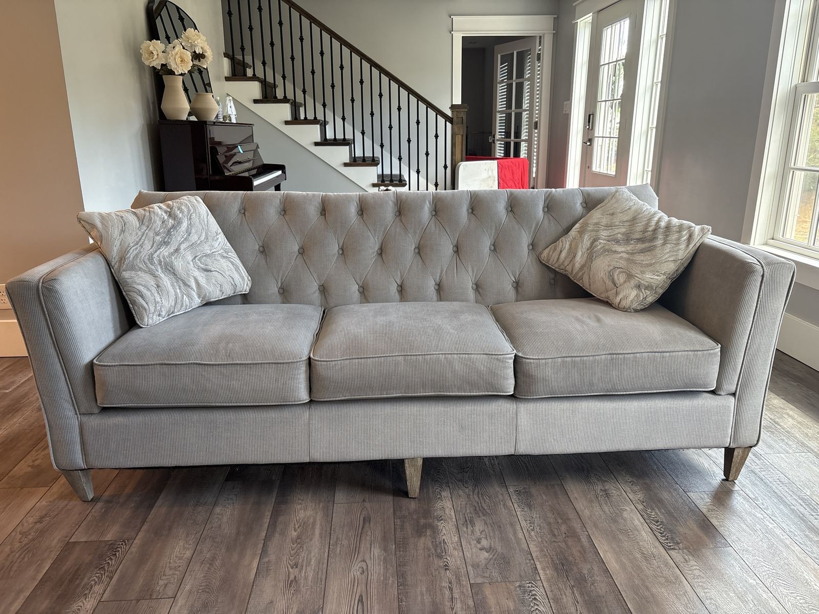 Gray Tufted Fabric La-Z-Boy Sofa with Accent Pillows