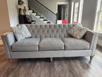 Gray Tufted Fabric La-Z-Boy Sofa with Accent Pillows