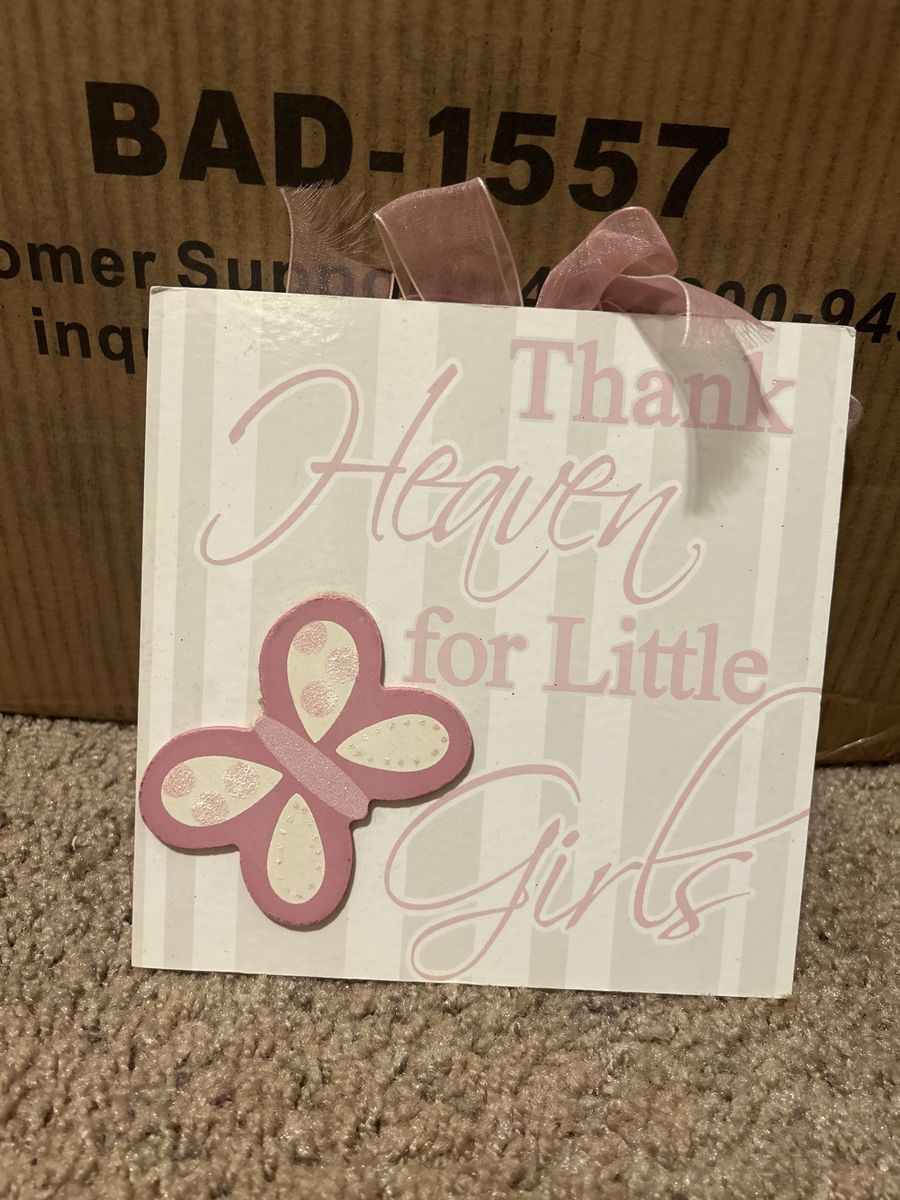 Pink Butterfly "Thank Heaven for Little Girls" Decorative Wall Sign with Ribbon Hanger