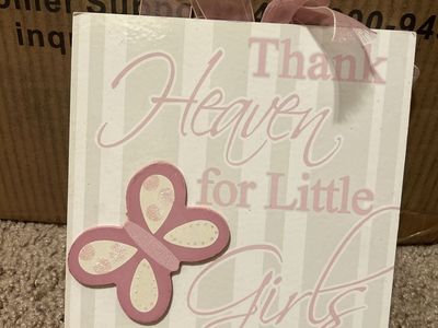 Pink Butterfly "Thank Heaven for Little Girls" Decorative Wall Sign with Ribbon Hanger