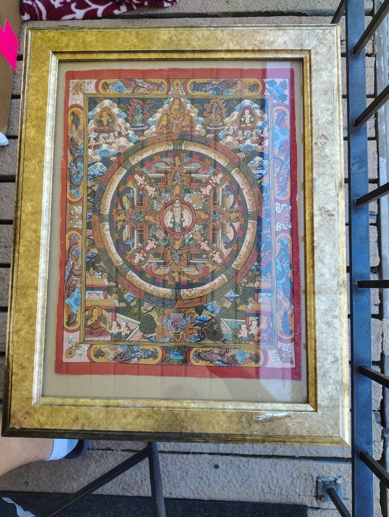 Framed Hand-Painted Mandala Thangka on Canvas - Ornate Gold Frame, Religious Art, 22x16"