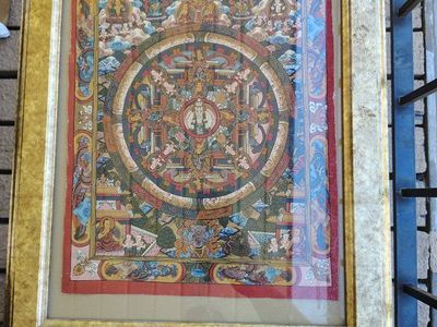 Framed Hand-Painted Mandala Thangka on Canvas - Ornate Gold Frame, Religious Art, 22x16"