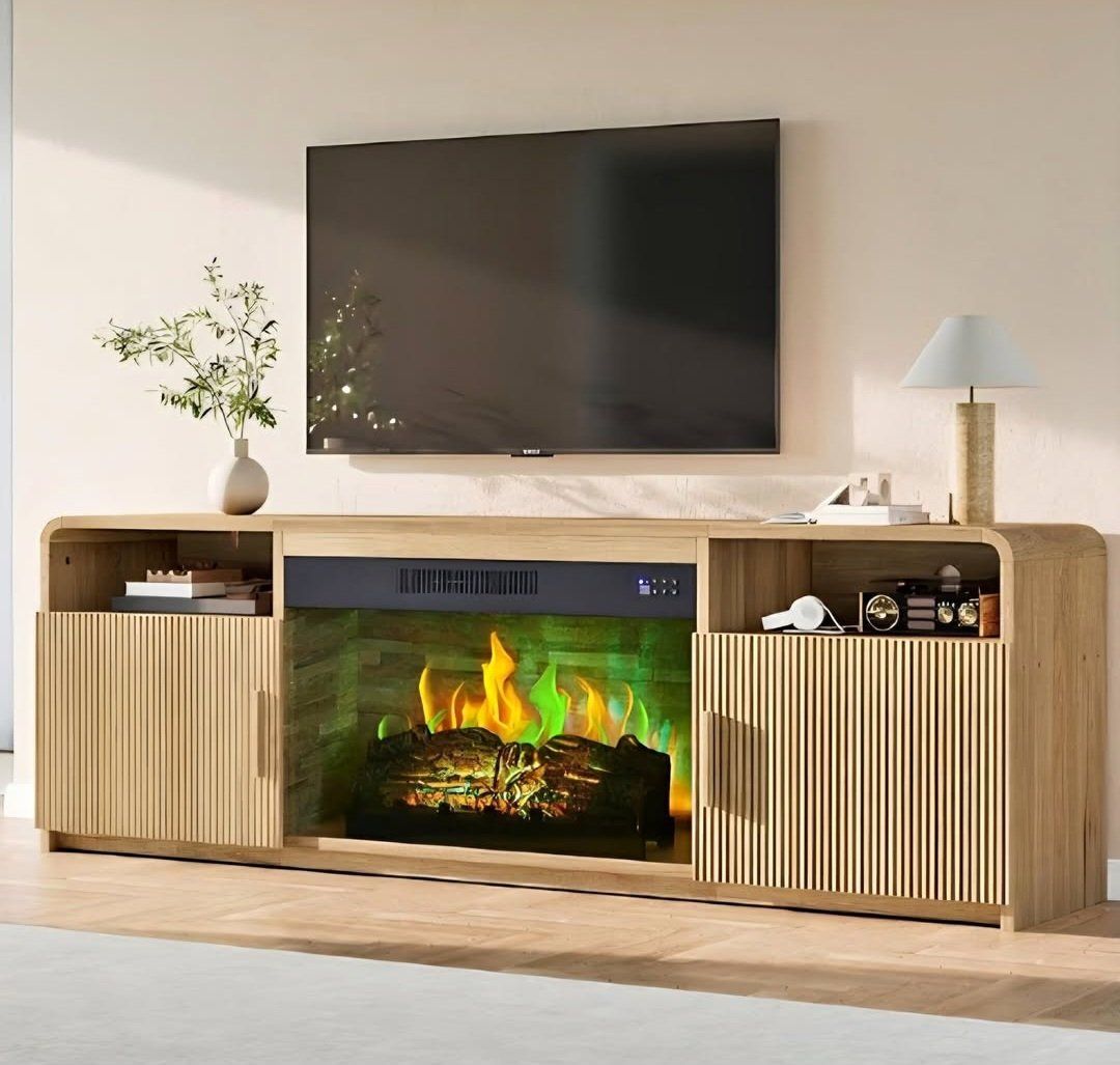 Decofy 70" Fluted TV Stand, Entertainment Center for 80" TVs, Mid Century Modern TV Console Cabinet with Wavy Grain Doors & Adju