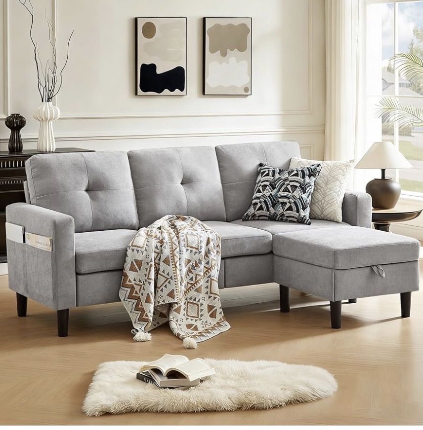 New 79.76" Wide Reversible Sectional Sofa Couch with Storage Ottoman in Grey