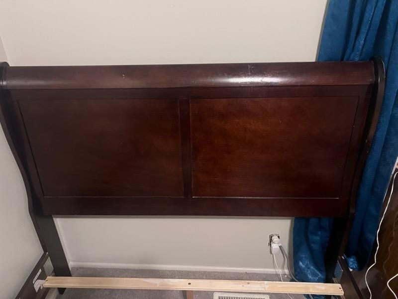 Full size bed frame, dresser with mirror and night stand